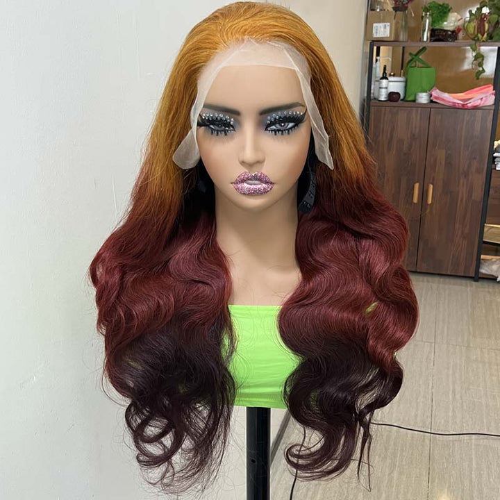 eullair Flawless Gorgeous Ombre Coral Orange Cooper Brown Body Wave Human Hair Wig Sunset Cooper Brown Lace Frontal Wig