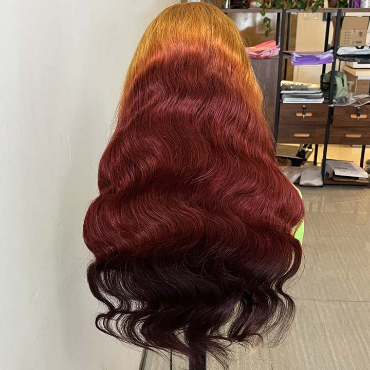 eullair Flawless Gorgeous Ombre Coral Orange Cooper Brown Body Wave Human Hair Wig Sunset Cooper Brown Lace Frontal Wig