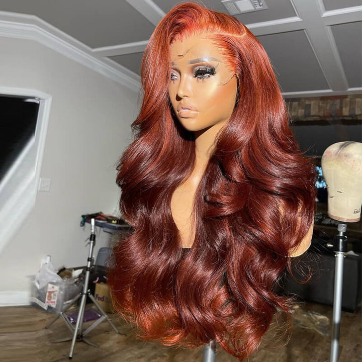eullair Flawless Gorgeous Ombre Coral Orange Cooper Brown Body Wave Human Hair Wig Sunset Cooper Brown Lace Frontal Wig