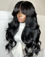 TikTok Inspired Layered Cut Wavy With Butterfly Curtain Bangs eullair Blow Out Body Wave Pre Cut Lace Human Hair Wig