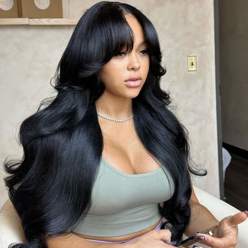 TikTok Inspired Layered Cut Wavy With Butterfly Curtain Bangs eullair Blow Out Body Wave Pre Cut Lace Human Hair Wig