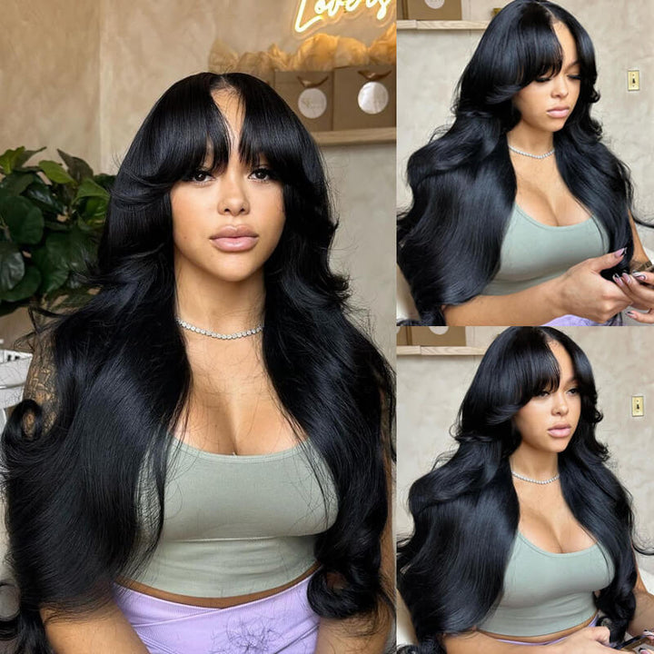 TikTok Inspired Layered Cut Wavy With Butterfly Curtain Bangs eullair Blow Out Body Wave Pre Cut Lace Human Hair Wig