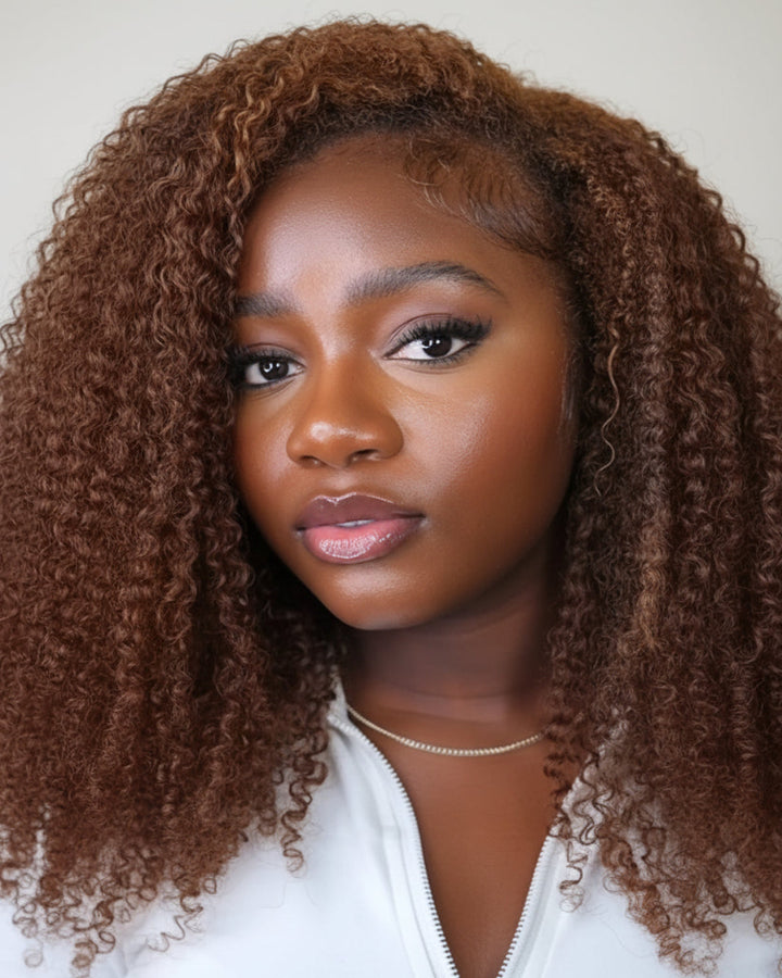 eullair Reddish Brown Kinky Curly 3C-4A V Part Wig Soft Full Volume Human Hair Easy Natural Blend