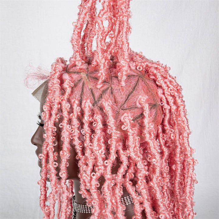 Freda-WBTF-034 Short Knotless Butterfly Twist Braided Full Lace Wigs Pink Knotless Locs Braided Wigs Synthetic Black Twist Braided Wig With Baby Hair
