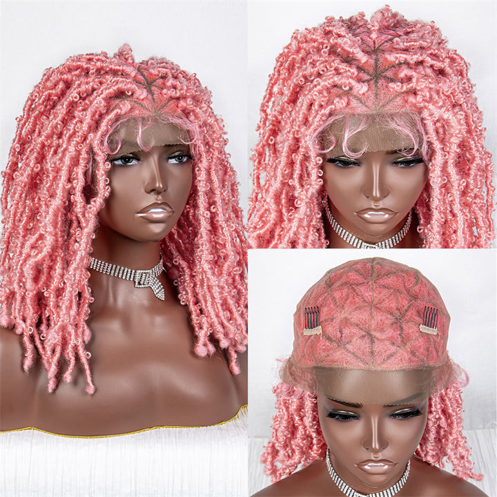Freda-WBTF-034 Short Knotless Butterfly Twist Braided Full Lace Wigs Pink Knotless Locs Braided Wigs Synthetic Black Twist Braided Wig With Baby Hair