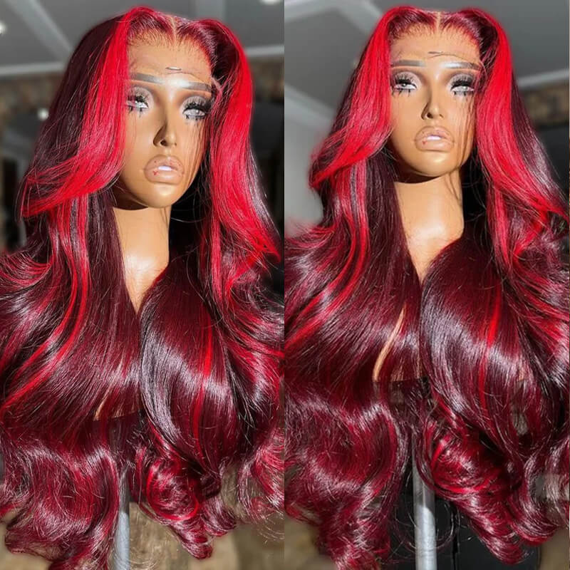 eullair Burgundy Red Highlight Body Wave Wig Skunk Stripe Lace Frontal Human Hair Wig Transparent Lace