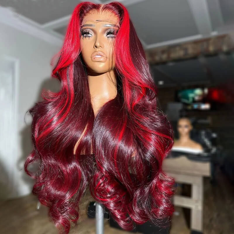 eullair Burgundy Red Highlight Body Wave Wig Skunk Stripe Lace Frontal Human Hair Wig Transparent Lace