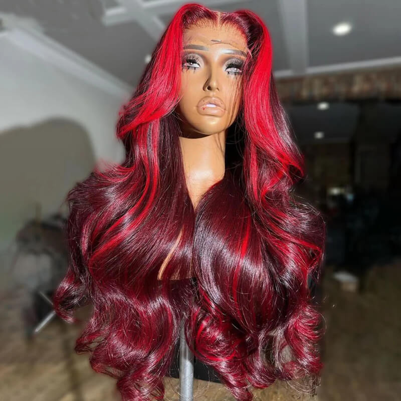 eullair Burgundy Red Highlight Body Wave Wig Skunk Stripe Lace Frontal Human Hair Wig Transparent Lace