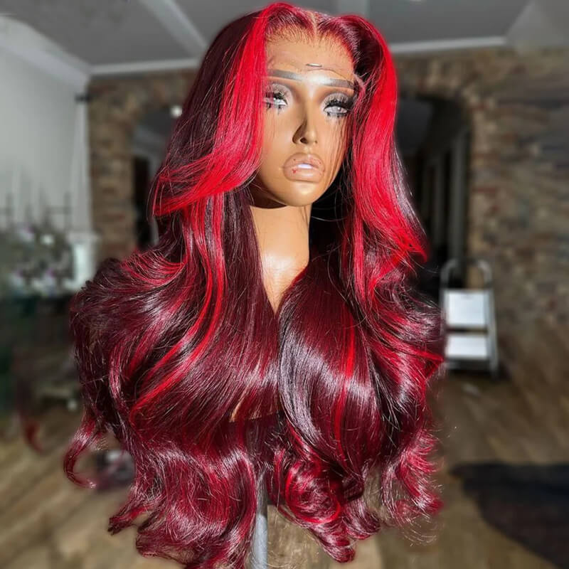 eullair Burgundy Red Highlight Body Wave Wig Skunk Stripe Lace Frontal Human Hair Wig Transparent Lace