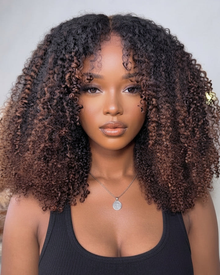 eullair Ombre Cholocate Brown Color Curly No Leave Out V Part Wig Soft Full Volume Human Hair Easy Natural Blend