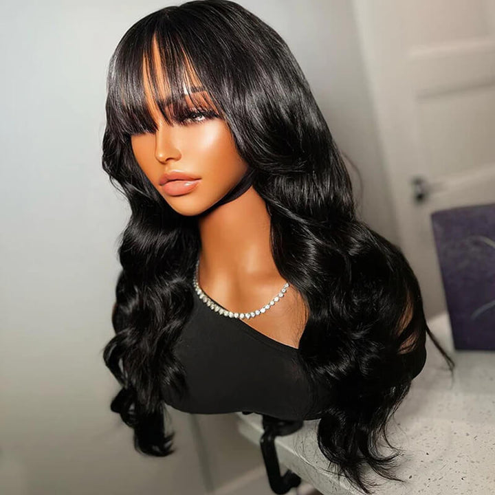 eullair New Pre Cut Lace Closure Layered Cut Body Wave Wig Blow Out Wavy With Air Bangs Human Hair Wigs For Women