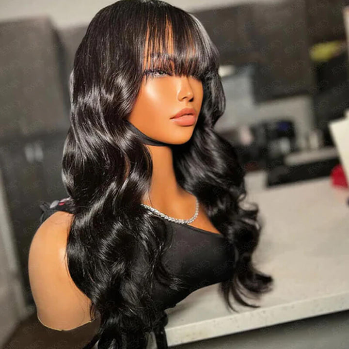 eullair New Pre Cut Lace Closure Layered Cut Body Wave Wig Blow Out Wavy With Air Bangs Human Hair Wigs For Women