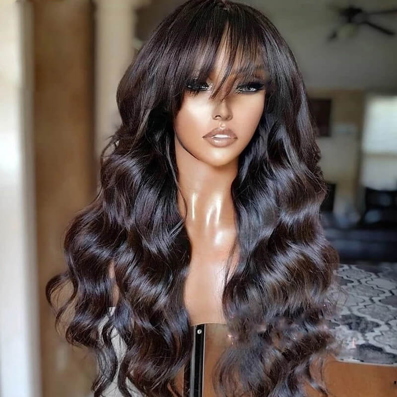 eullair New Pre Cut Lace Closure Layered Cut Body Wave Wig Blow Out Wavy With Air Bangs Human Hair Wigs For Women