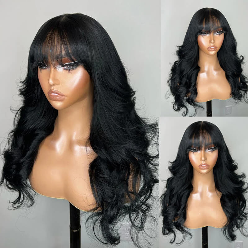 eullair Layered Cut Loose Wave Wig With Air Bangs Pre Cut Lace Front Human Hair Wigs For Women