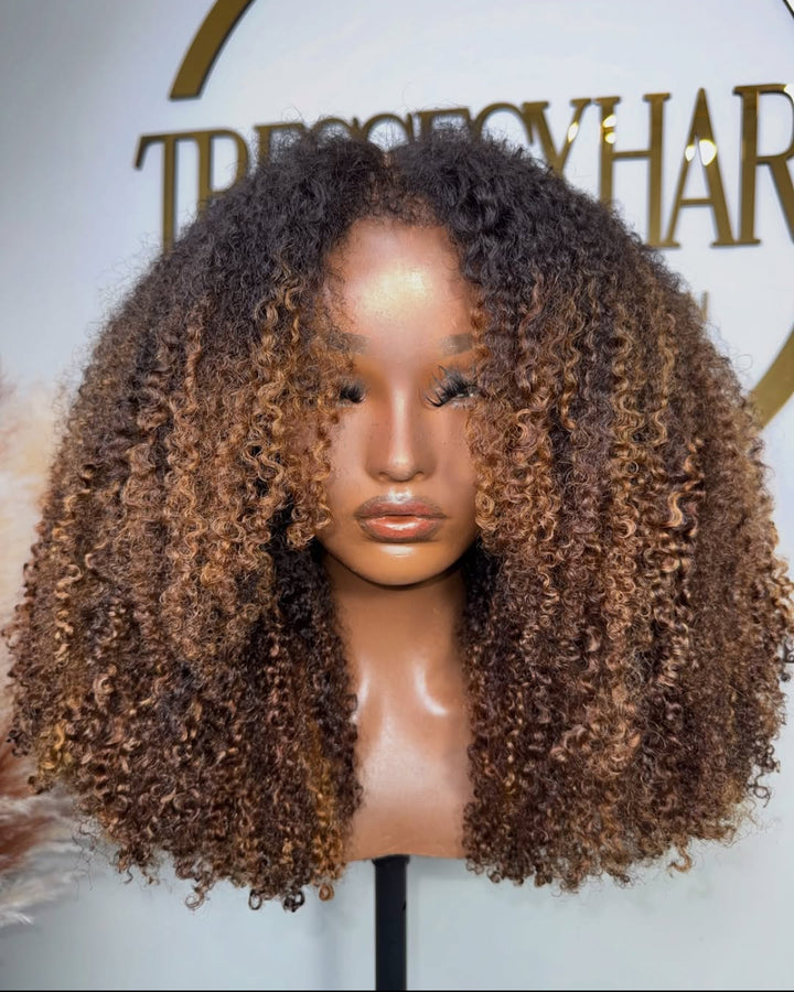 Eullair 360 Lace Wig - Ombre Brown 4C Kinky Curly Hair - Glueless Invisi-Strap Snug Fit & Pre-Plucked Natural Hairline