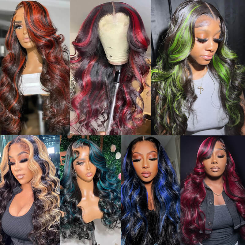 Piano Color! eullair Body Wave Balayage Highlights Green/Pink/Red/Blue/Orange Lace Frontal Wig