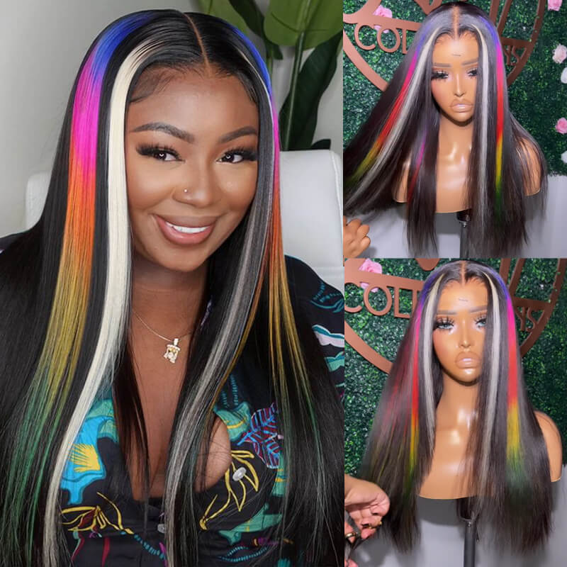 eullair Multi Colored Peakaboo Highlights Straight Human Hair Wig Pink Purple Blue Green Body Wave Lace Frontal Wigs Pre Plucked 180%