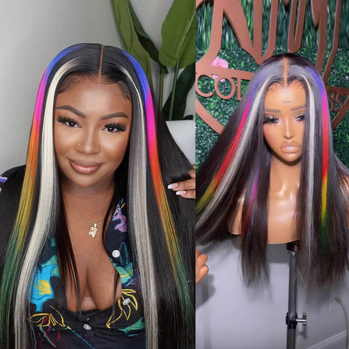 eullair Multi Colored Peakaboo Highlights Straight Human Hair Wig Pink Purple Blue Green Body Wave Lace Frontal Wigs Pre Plucked 180%