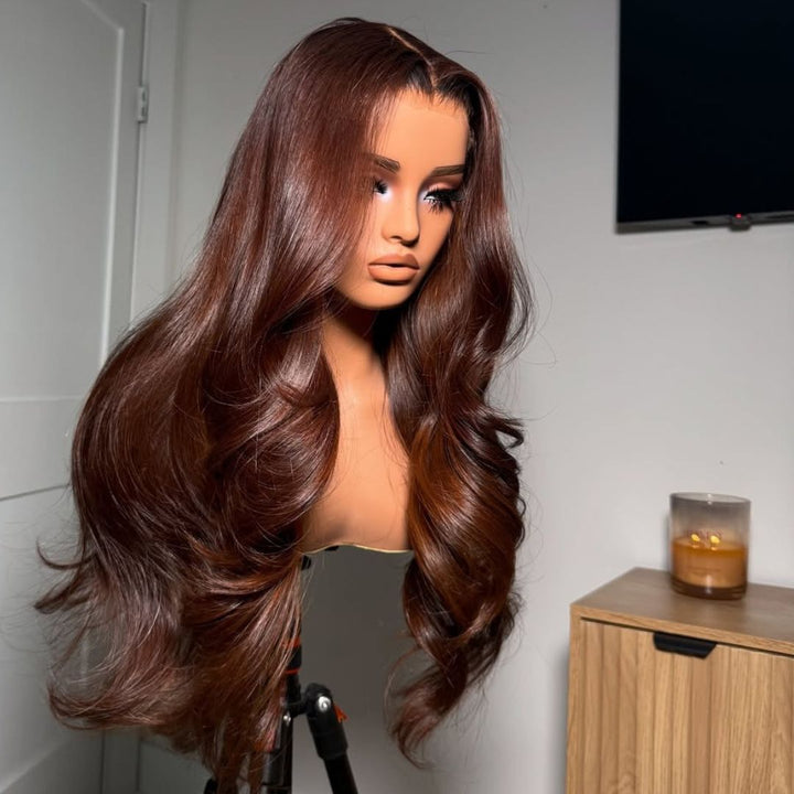eullair Auburn Brown Color Wig Long Wavy 9x6 Deep Parting Glueless Wigs 250% Density