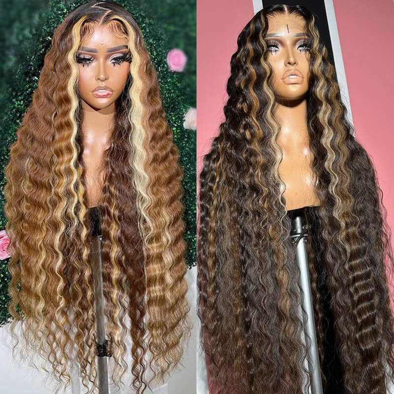 eullair Brown with Blonde Highlight Crimped Wavy Wig With Curling Iron Skunk Stripe Human Hair Lace Frontal Wig