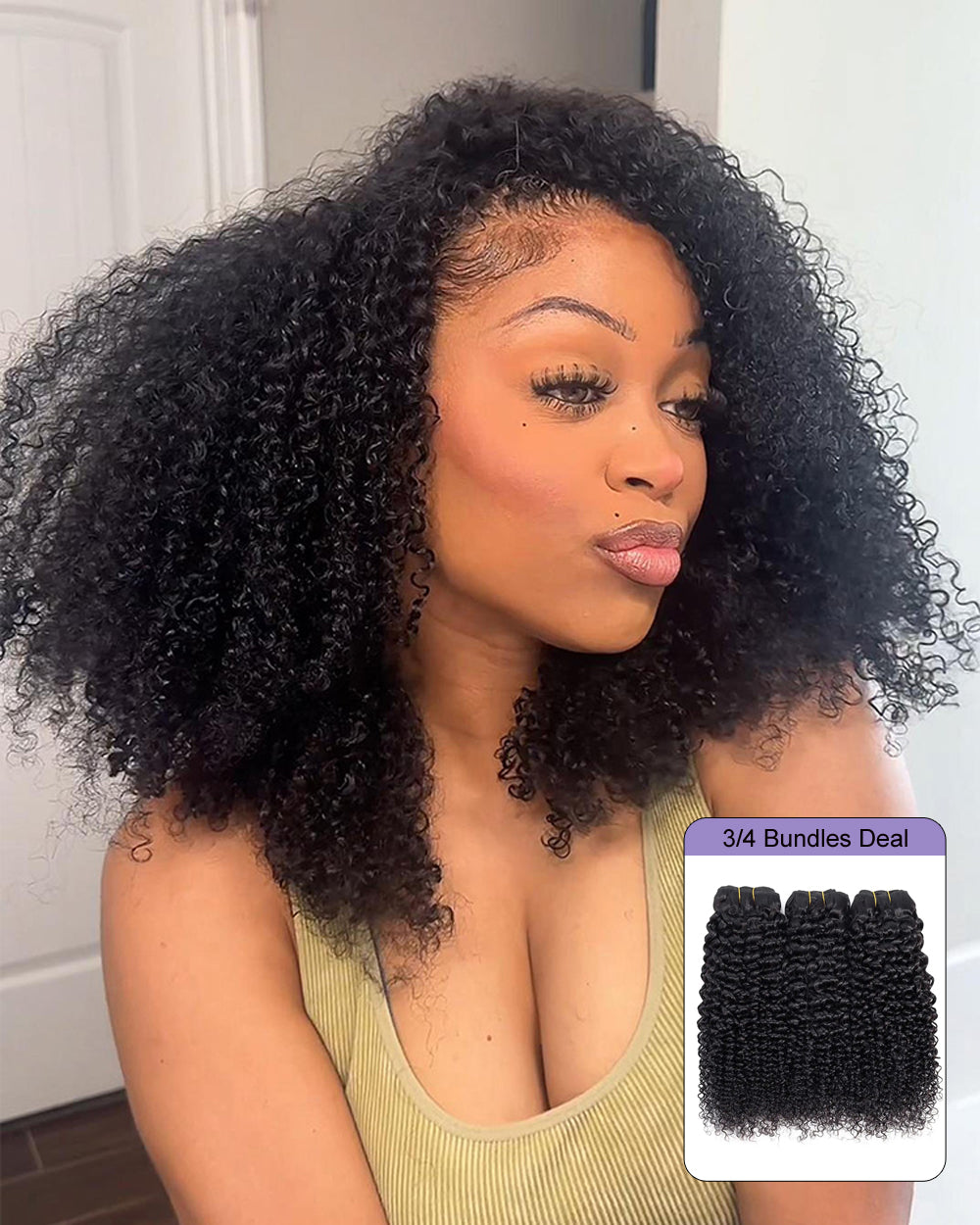 eullair 15A Real Raw Hair 3C-4A Kinky Coily Flip Over Human Hair Bundles Deal Virgin Hair Weave 3/4 Bundle