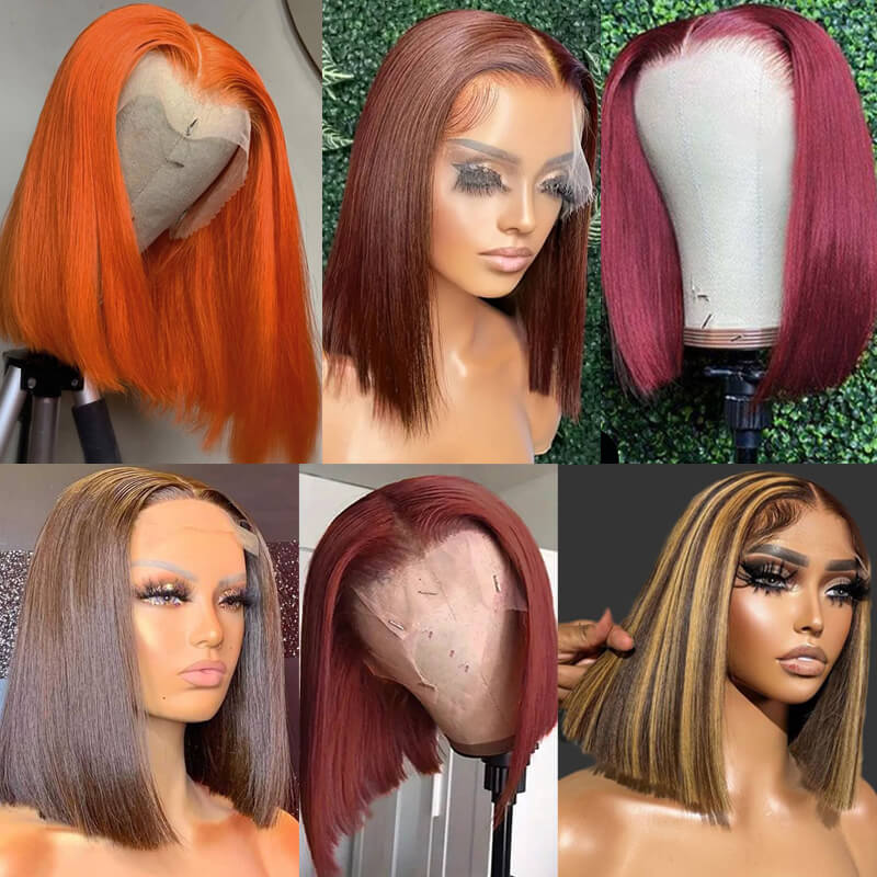 eullair Short BOB Wigs Straight Human Hair 13x4 Lace Frontal Wig Pre Colored Burgundy Highlight Wig For Women| Flash Sale