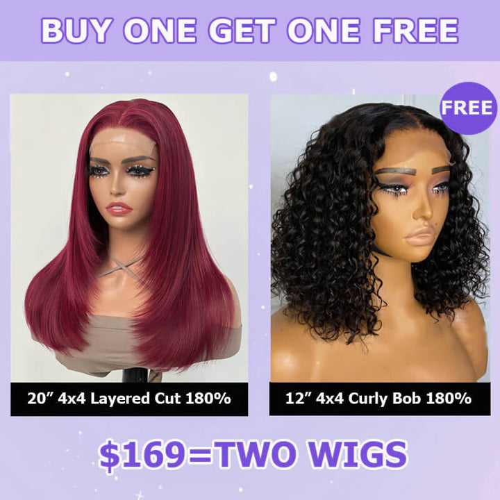 Flash Sale $169=2 Human Hair Wigs| Buy Layered Cut Burgundy Straight 4x4 Lace Wig Get a Curly 4x4 Bob Wig For Free