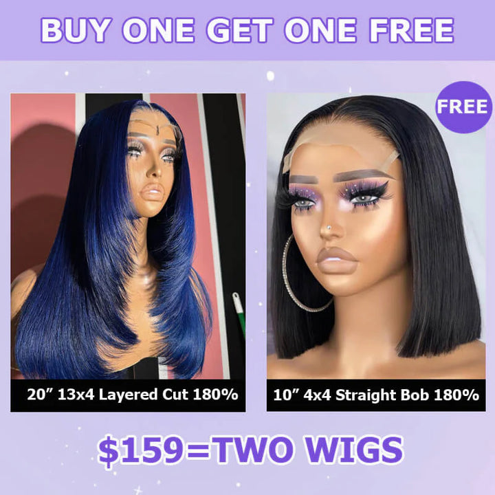 Flash Sale $159=2 Human Hair Wigs| Buy Dak Blue Layered Cut 13x4 Lace Frontal Wig Get a Straight 4x4 Bob Wig For Free