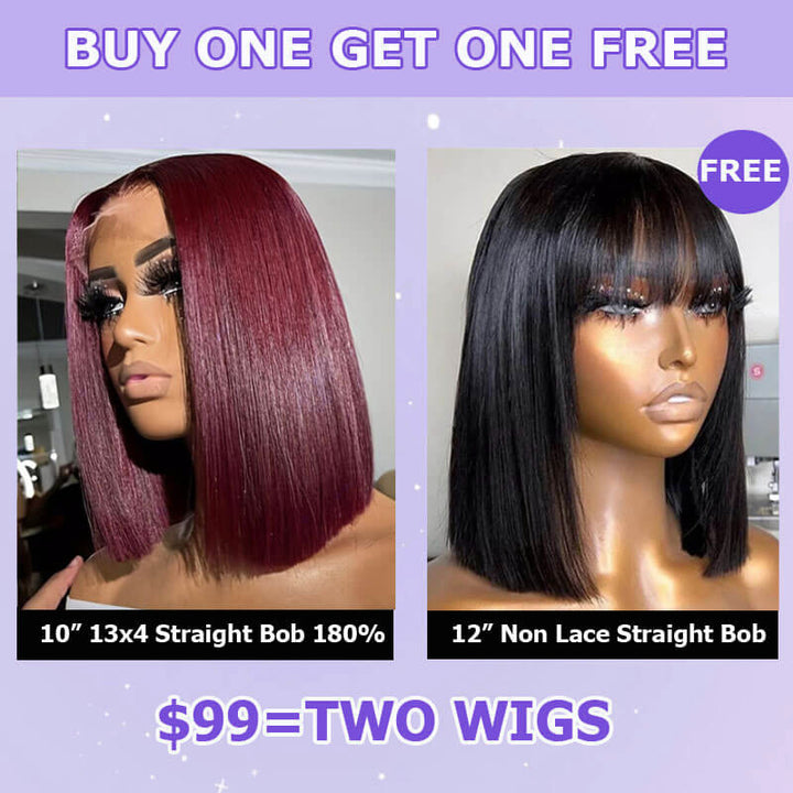 Flash Sale $99=2 Human Hair Wigs| Buy Dark 99J Straight 13x4 Lace Frontal BOB Wig Get a Non Lace Bangs BOB Wig For Free