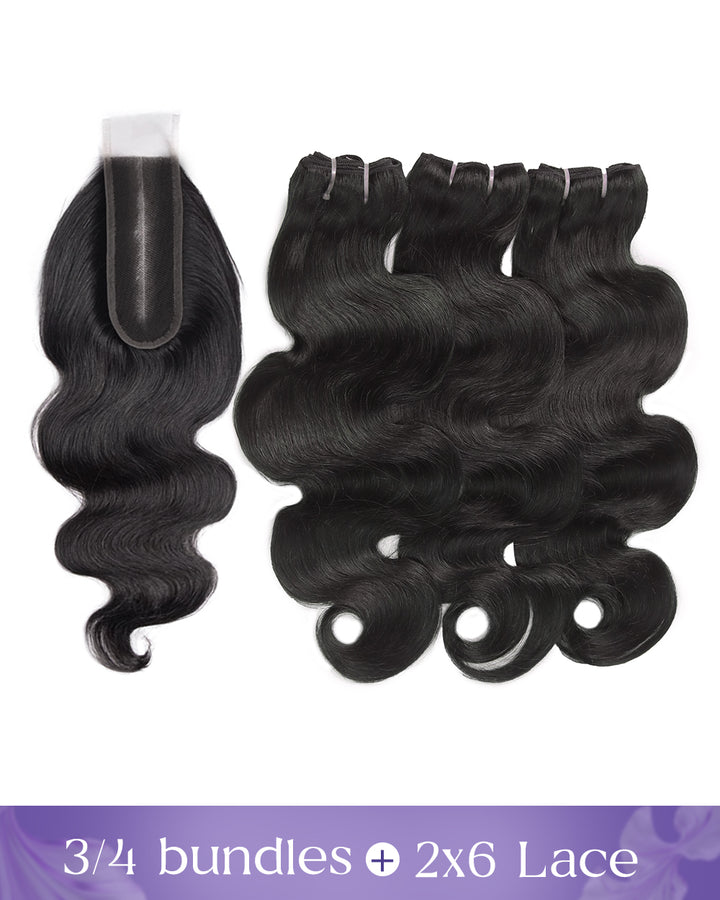 eullair Raw Hair Body Wave 3 Bundles with 2x6 Closure 100% Human Hair Bundles