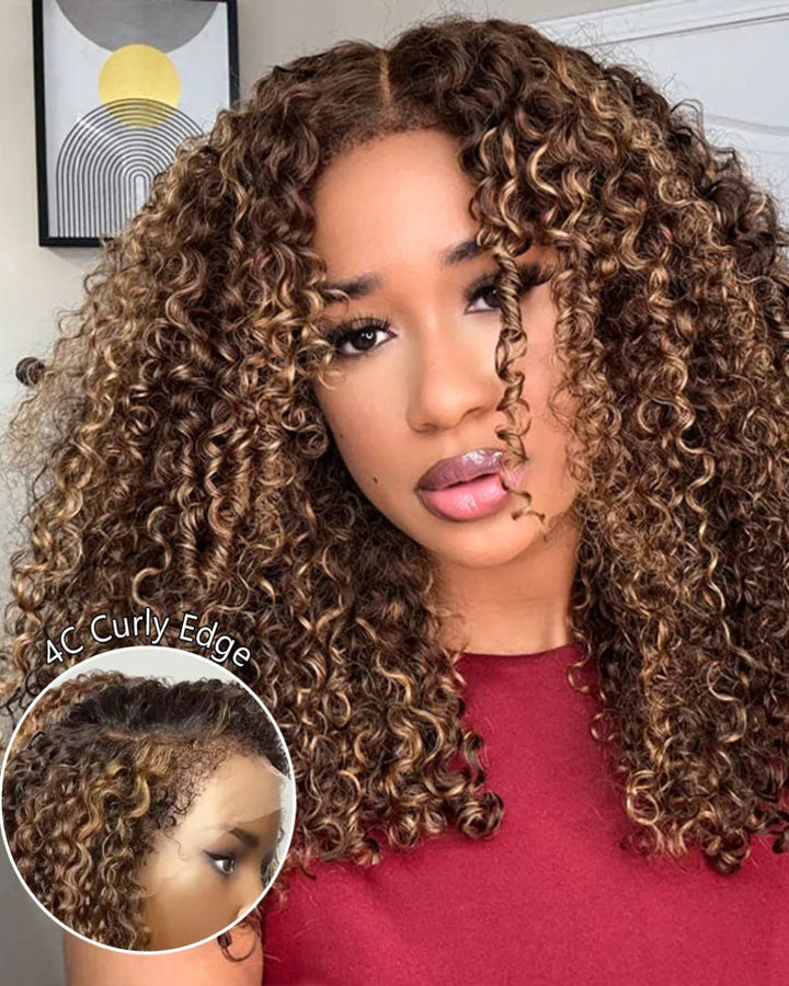 eullair P4/27 Highlight Brown 4C Edge Kinky Straight Lace Frontal & 360 Lace Wig Invisiable Lace Natural Hair Curly Hairline