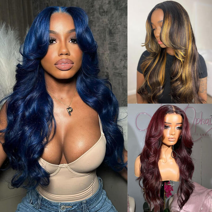 Inspired Pre Colored Blue 99J Burgundy Layered Cut Body Wave Wig With Curtain Bangs eullair Highlight Pre Cut Lace front Human Hair Wig
