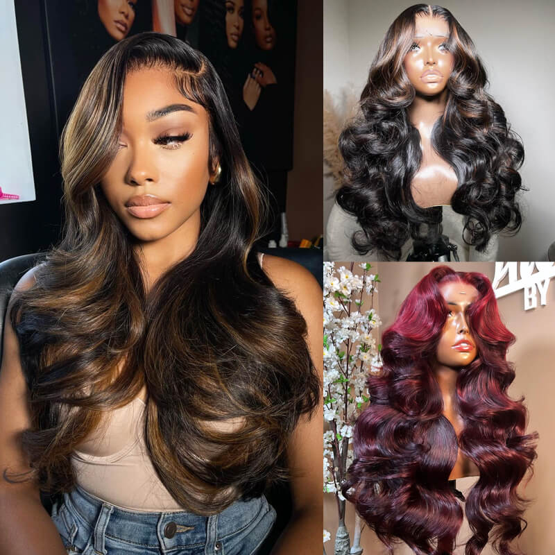 Inspired Hairstylist Layered Cut Body Wave Wig With Curtain Bangs eullair Brown Highlight Human Hair Pre Cut Lace Frontal Wig