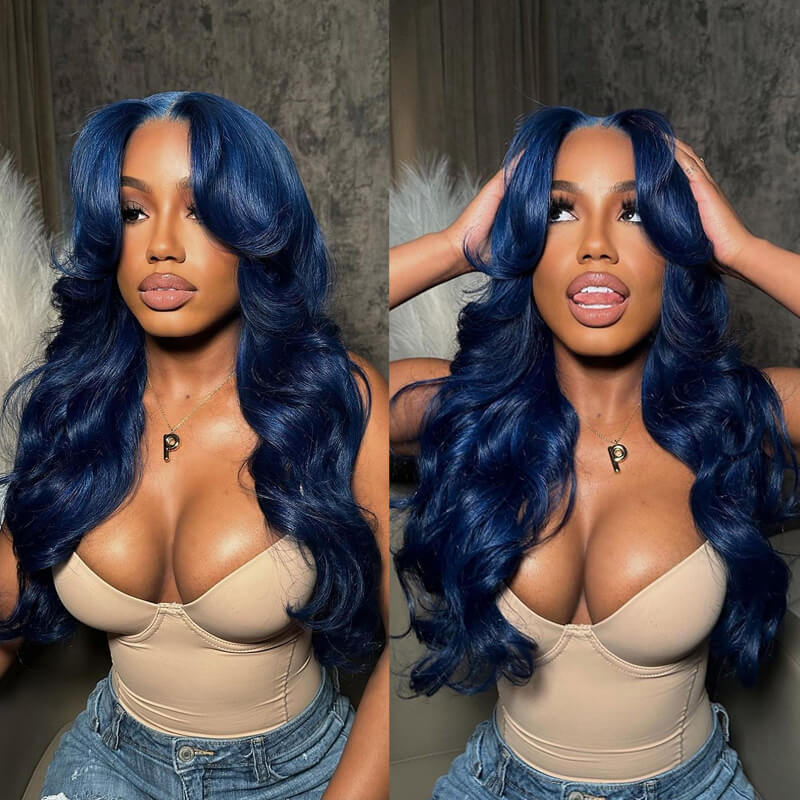 Inspired Pre Colored Blue 99J Burgundy Layered Cut Body Wave Wig With Curtain Bangs eullair Highlight Pre Cut Lace front Human Hair Wig