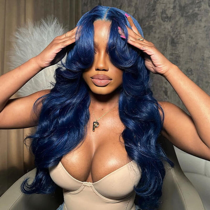 Inspired Pre Colored Blue 99J Burgundy Layered Cut Body Wave Wig With Curtain Bangs eullair Highlight Pre Cut Lace front Human Hair Wig