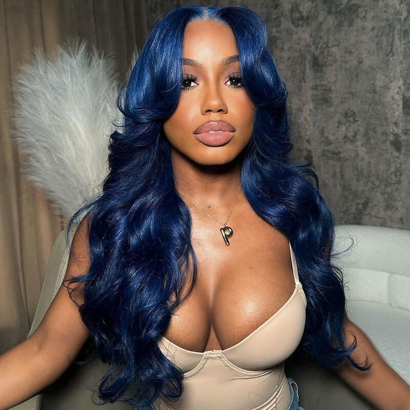 Inspired Pre Colored Blue 99J Burgundy Layered Cut Body Wave Wig With Curtain Bangs eullair Highlight Pre Cut Lace front Human Hair Wig