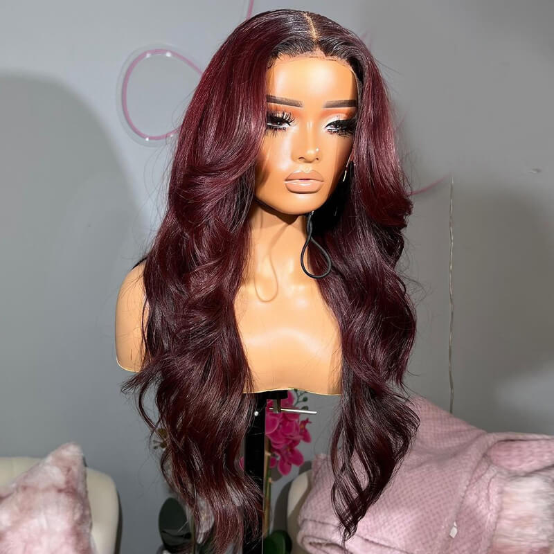 Inspired Pre Colored Blue 99J Burgundy Layered Cut Body Wave Wig With Curtain Bangs eullair Highlight Pre Cut Lace front Human Hair Wig