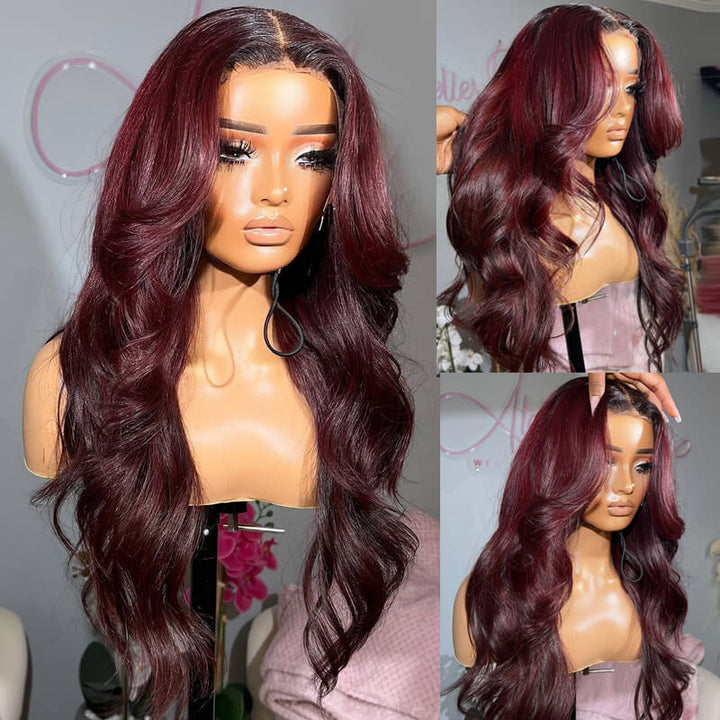 Inspired Pre Colored Blue 99J Burgundy Layered Cut Body Wave Wig With Curtain Bangs eullair Highlight Pre Cut Lace front Human Hair Wig