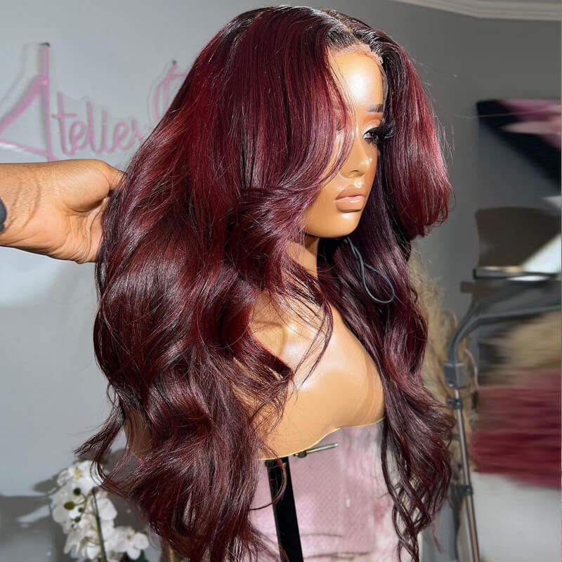 Inspired Pre Colored Blue 99J Burgundy Layered Cut Body Wave Wig With Curtain Bangs eullair Highlight Pre Cut Lace front Human Hair Wig