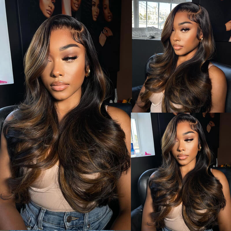 Inspired Hairstylist Layered Cut Body Wave Wig With Curtain Bangs eullair Brown Highlight Human Hair Pre Cut Lace Frontal Wig