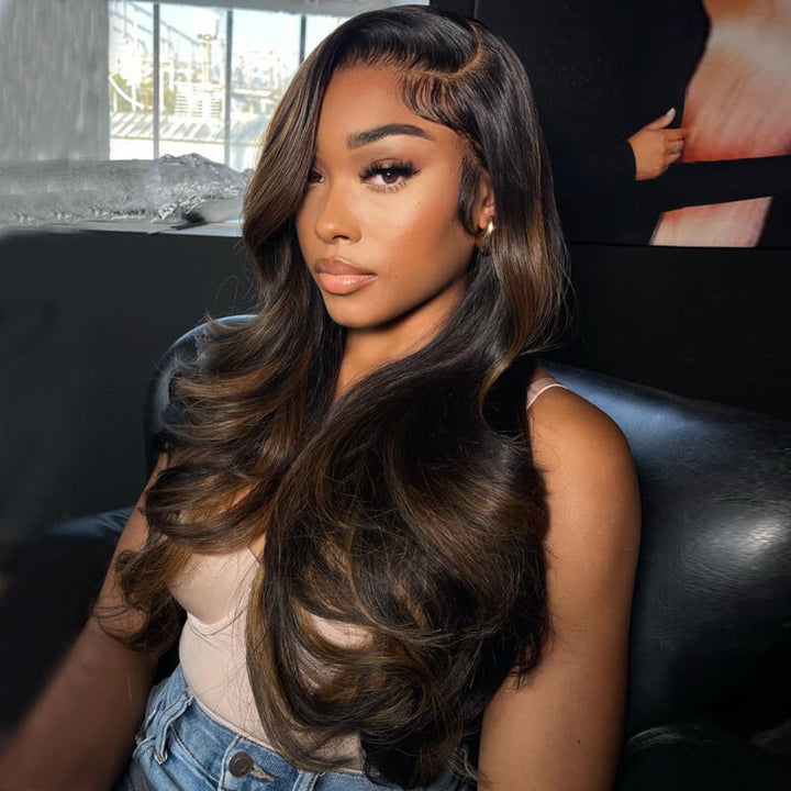 Inspired Hairstylist Layered Cut Body Wave Wig With Curtain Bangs eullair Brown Highlight Human Hair Pre Cut Lace Frontal Wig