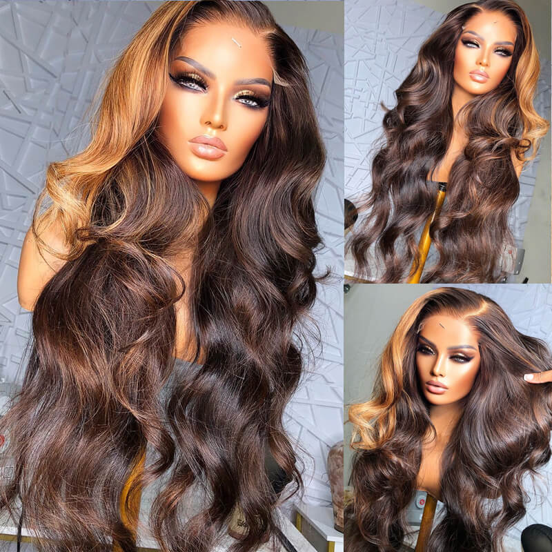 eullair Mixed Brown Highlight Body Wave Human Hair Wig HD Transparent Lace Frontal Wigs For Black Women