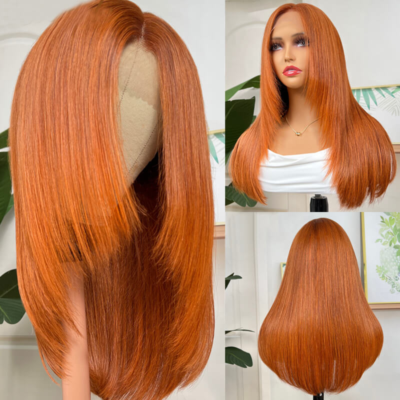 eullair Framing Green Skunk Stripe Layered Cut Styled Golden Ginger Highlight Straight Pre Cut Lace Front Human Hair Wig