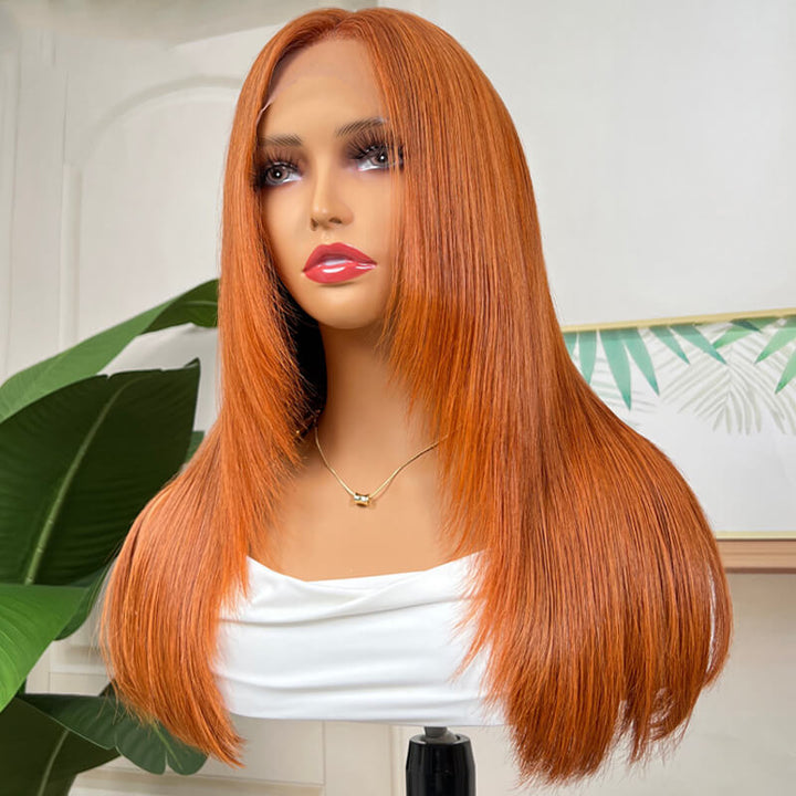 eullair Framing Green Skunk Stripe Layered Cut Styled Golden Ginger Highlight Straight Pre Cut Lace Front Human Hair Wig