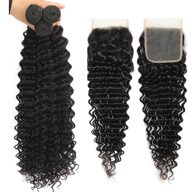 eullair Deep Wave Bundles With Closure 3/4 PCS With 4x4 5x5 6x6 HD Lace Closure