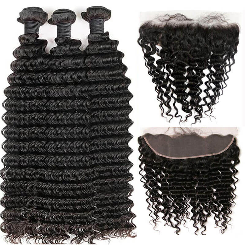 eullair Deep Wave Bundles With Closure 3/4 PCS With 4x4 5x5 6x6 HD Lace Closure