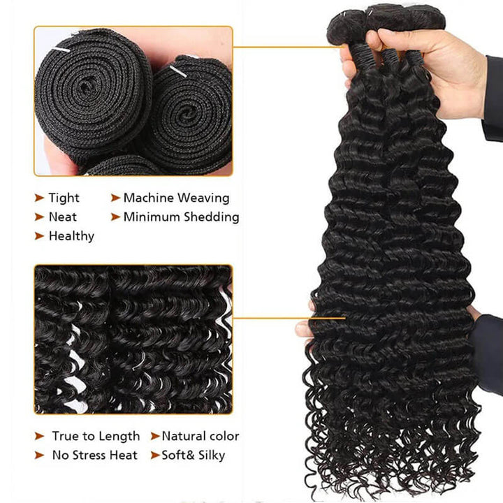 eullair Deep Wave Hair Bundles 3/4 PCS Deal 10A Virgin Human Hair Weave