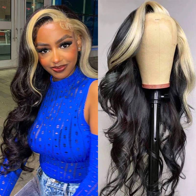 Colored Blonde Skunk Stripe Lace Wig | eullair 13x4 Body Wave Highlights Lace Frontal Wig