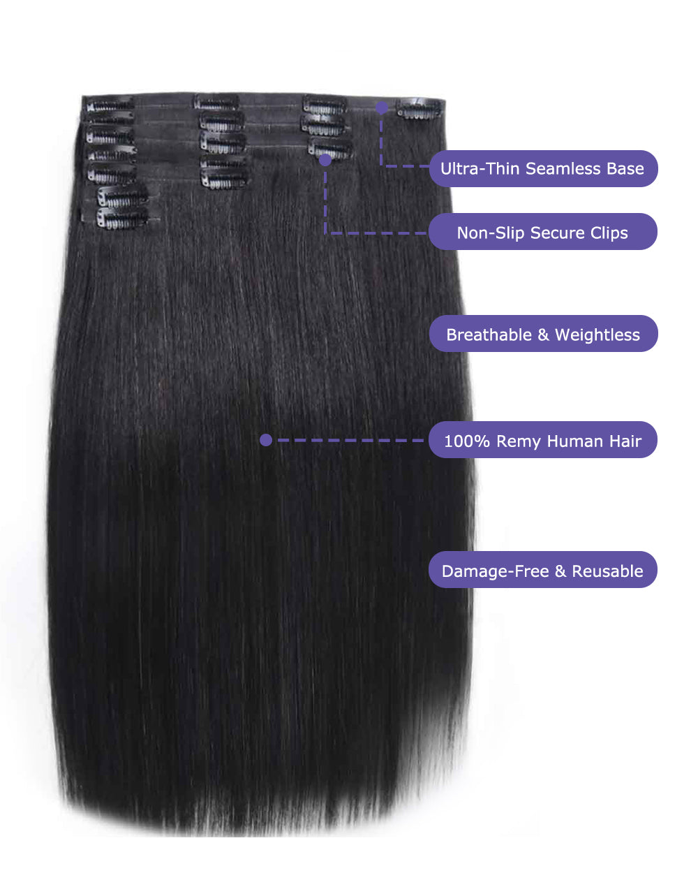 eullair 250g 14PCS Seamless PU Clip in Extensions Silky Straight Human Hair