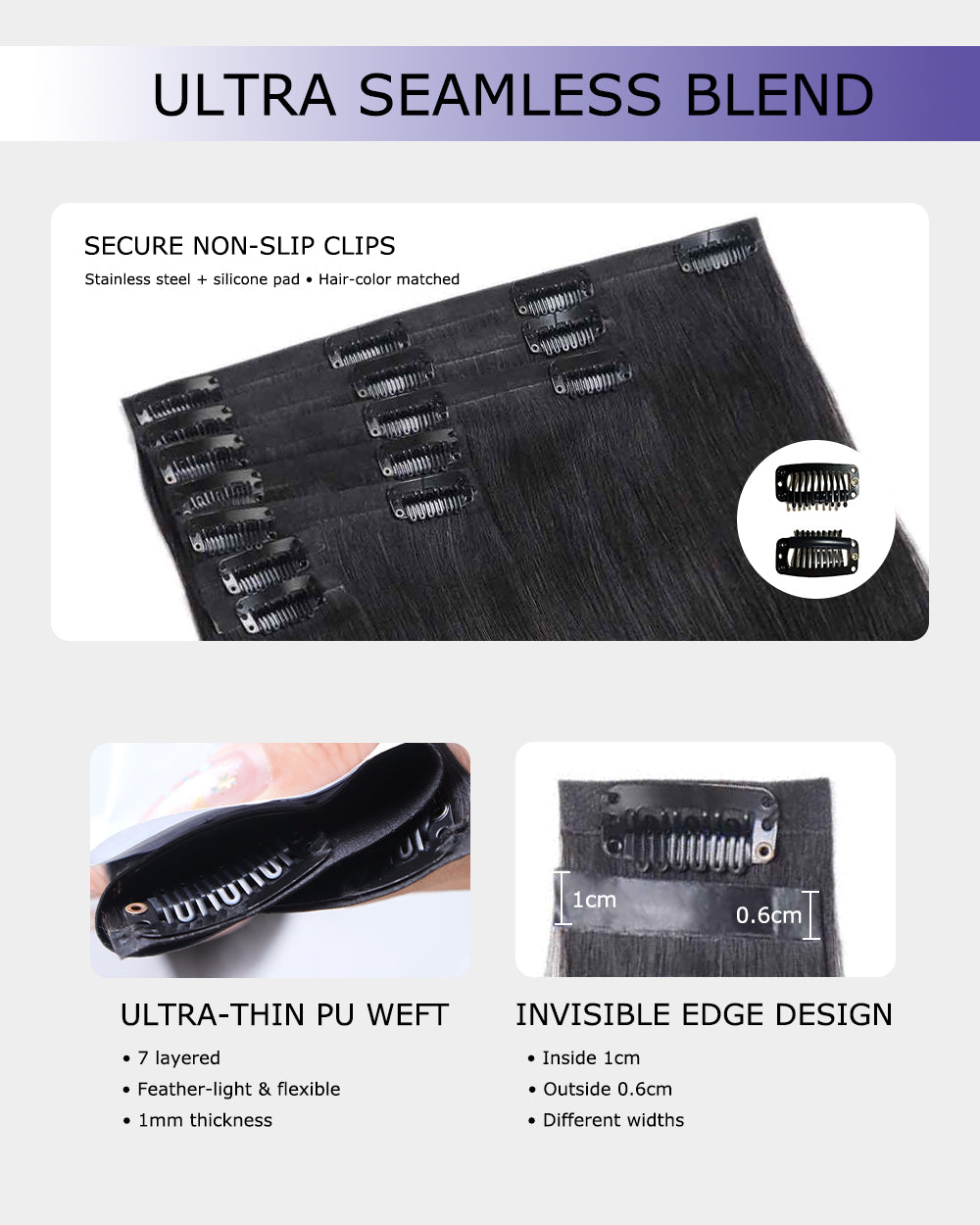 eullair 250g 14PCS Seamless PU Clip in Extensions Silky Straight Human Hair